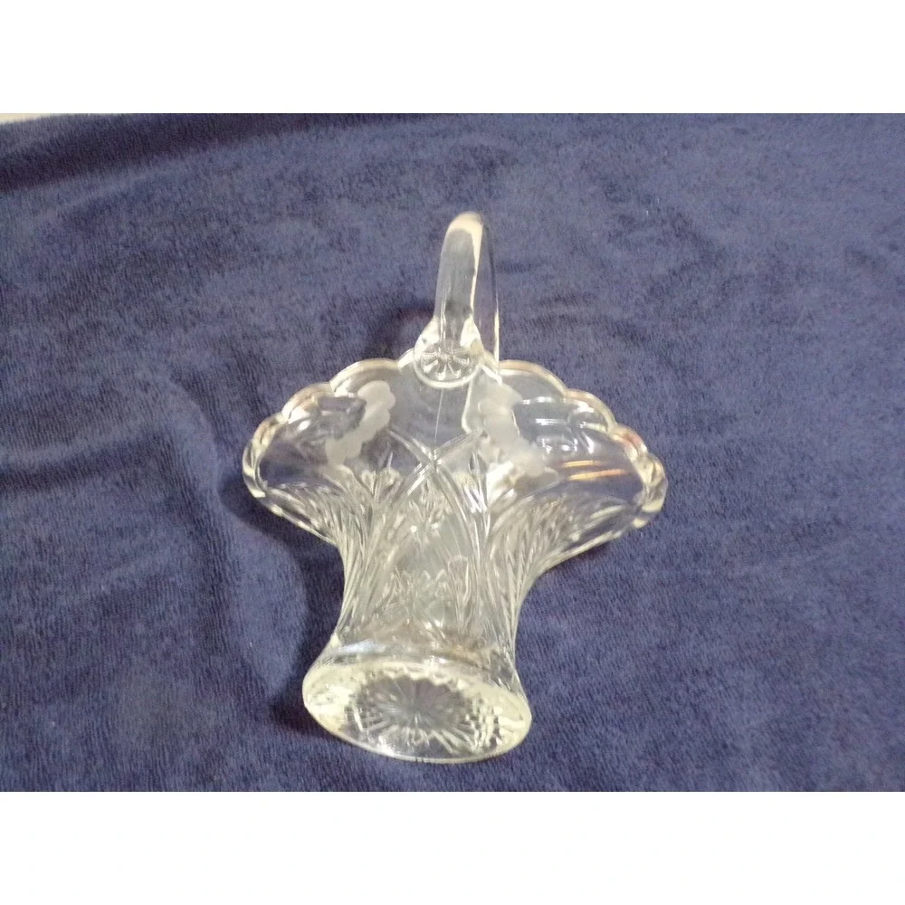 Brides Glass‎ Flower Basket w/Etched Flowers and Button Handle